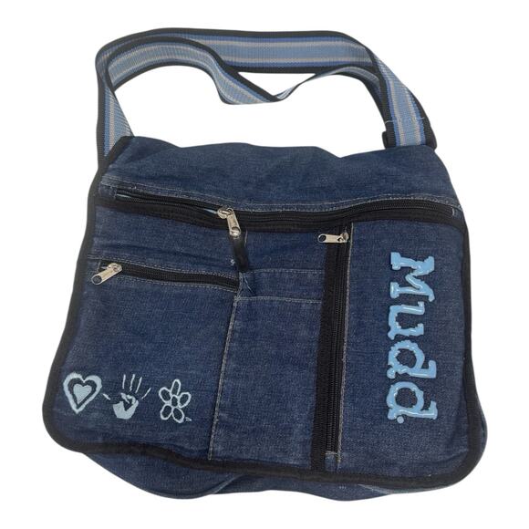 Y2K Vintage 90’s Mudd Dark Blue Denim Crossbody Shoulder Messenger Bag - Picture 1 of 8